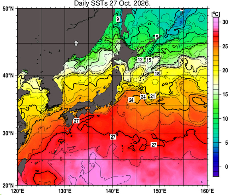 10月27日の日別海面水温＝気象庁より