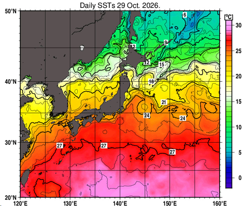 10月29日の日別海面水温＝気象庁より