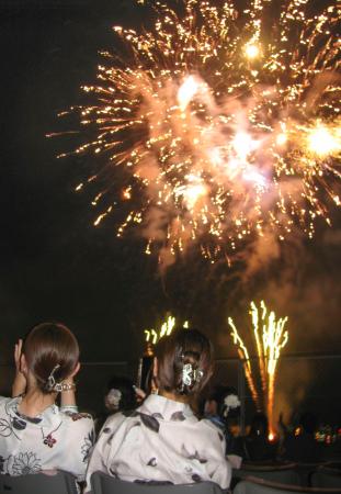 浴衣姿で大輪の花火を見上げる「成人式」の出席者＝１３日夜、山口県下関市