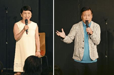 社民党の福島党首とラサール石井氏＝７日午後、東京都世田谷区