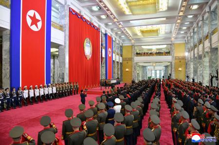 平壌の万寿台議事堂で開かれた建国７７年の記念行事＝９日（朝鮮中央通信＝共同）