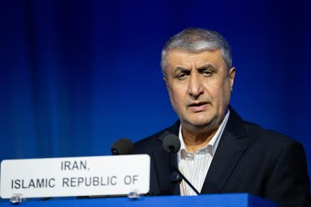 国際原子力機関（ＩＡＥＡ）の年次総会で演説するイランのエスラミ副大統領兼原子力庁長官＝１５日、ウィーン（ゲッティ＝共同）