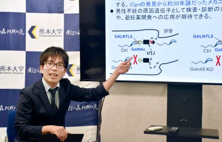 記者発表会で説明する熊本大生命資源研究・支援センターの野田大地准教授＝１８日午前、熊本市