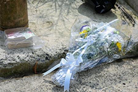 　昨年９月の豪雨で土石流が発生した石川県輪島市久手川町で、犠牲となった女子中学生がいた住宅の跡地付近に供えられた花＝２０日午後