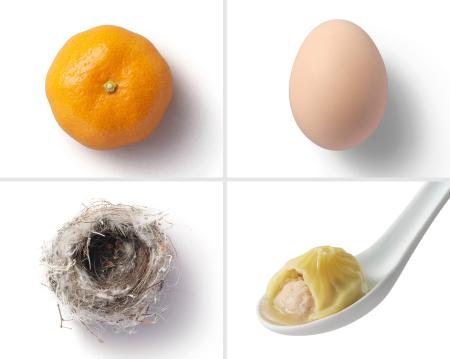 　身近にある包むモノたち。（左上から時計回りに）ミカン、卵、小籠包、鳥の巣（提供写真）