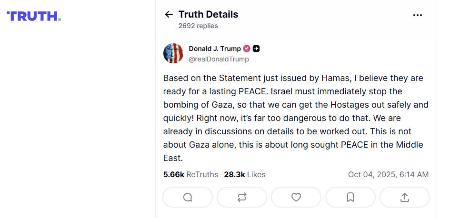 人質の解放に向けてイスラエルにガザへの爆撃を即時停止するようＳＮＳで求めたトランプ米大統領の投稿（ＳＮＳトゥルース・ソーシャルから）