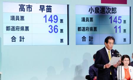 自民党総裁選の決選投票の結果を発表する総裁選挙管理委員会の逢沢一郎委員長＝４日午後２時５５分、東京・永田町の党本部