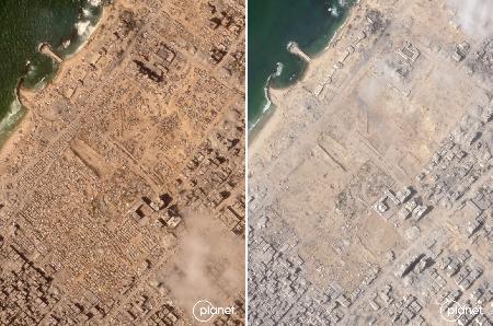 　９月２日（左）と１８日に撮影された衛星画像。パレスチナ自治区ガザ北部ガザ市の北方の沿岸部から避難民テントがほぼなくなっていた（プラネット・ラブズ提供、共同）