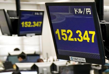一時１ドル＝１５２円台を付けた円相場を示すモニター＝８日午前、東京都港区の外為どっとコム