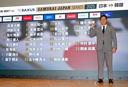 韓国との強化試合に臨むメンバーを発表し、ポーズをとる野球日本代表の井端監督＝８日、東京都内