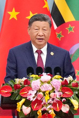 世界女性サミットの開幕式で演説する中国の習近平国家主席=13日、北京(共同)