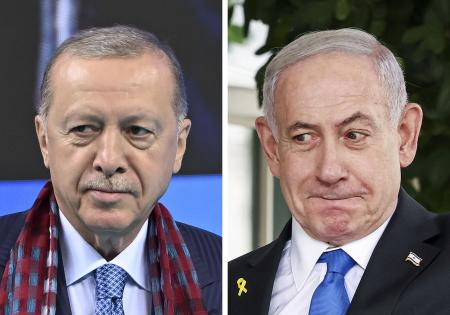 トルコのエルドアン大統領(ゲッティ=共同)、イスラエルのネタニヤフ首相(ロイター=共同)