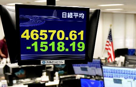 下げ幅が一時1500円を超えた日経平均株価を示すモニター=14日午後、東京都港区の外為どっとコム