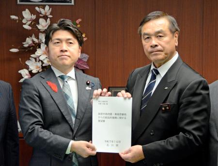 中野国交相(左)に要望書を手渡す石川県の馳浩知事=15日午前、国交省
