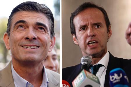 ボリビア大統領候補のホルヘ・キロガ元大統領(右)とロドリゴ・パス上院議員(AP=共同)