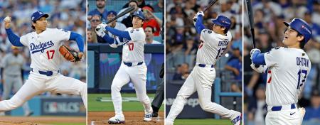 ブルワーズ戦で(左から)先発したドジャース・大谷、1回に先頭打者、4回に2本目、7回に3本目の本塁打を放った=ロサンゼルス(共同)