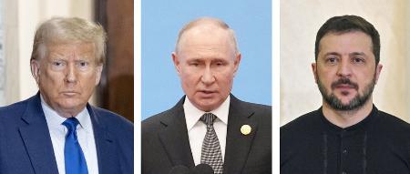 トランプ米大統領、ロシアのプーチン大統領、ウクライナのゼレンスキー大統領(ゲッティ=共同)