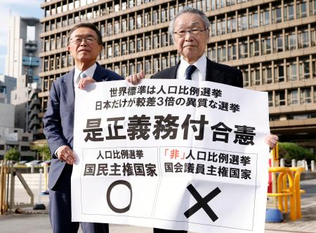 「1票の格差」訴訟の判決を受け、大阪高裁前で「是正義務付合憲」などと書かれた紙を掲げる原告側の升永英俊弁護士(右)ら=24日午後