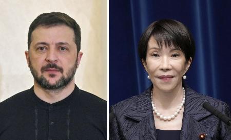 高市早苗首相（右）と、ウクライナのゼレンスキー大統領（ゲッティ＝共同）