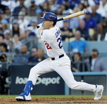 ＷＢＣ出場を断念したドジャースのエドマン＝１０月１６日、ロサンゼルス（共同）