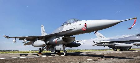 　台湾南西部嘉義県の空軍基地に並ぶ台湾軍のＦ１６戦闘機＝２０２１年（総統府提供・共同）