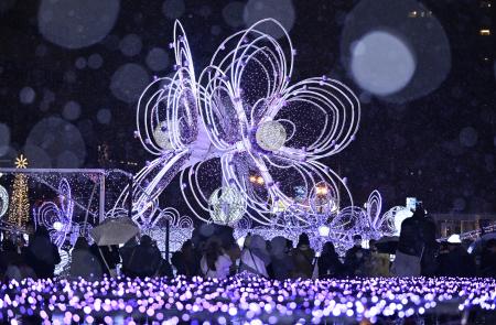 札幌・大通公園で始まった「第４５回さっぽろホワイトイルミネーション」＝２１日夜