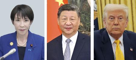 高市早苗首相、中国の習近平国家主席（新華社＝共同）、トランプ米大統領（ゲッティ＝共同）