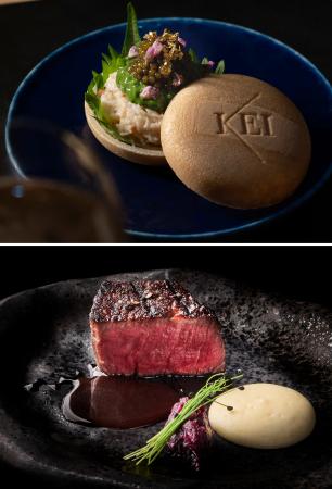 　「ＫＥＩ　Ｃｏｌｌｅｃｔｉｏｎ　ＰＡＲＩＳ」クリスマス特別コースで提供される「最中　兵庫県産香住蟹　キャビアクリスタル」（上）、「１００日熟成　熊本県産延寿牛　ソースジュドヴォー」（提供写真）