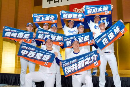 中日の新入団選手発表記者会見で名前入りのタオルを広げる（前列左から）中西聖輝投手、桜井頼之介投手、（中列左から）篠崎国忠投手、能戸輝夢外野手、新保茉良内野手、花田旭外野手、（後列左から）三上愛介外野手、牧野憲伸投手、石川大峨内野手＝１０日、名古屋市
