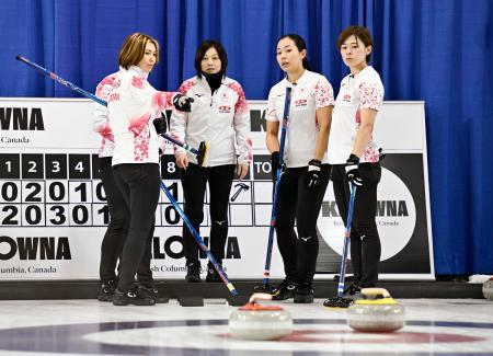 女子１次Ｌ　ノルウェー戦の延長第１１エンド、タイムアウトで作戦を練る（左から）吉村、船山コーチ、近江谷、小野寺＝ケロウナ（共同）