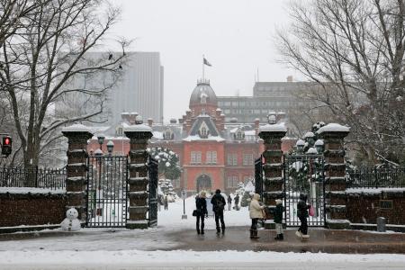 　降雪が続く札幌市内。奥は北海道庁旧本庁舎＝１４日午後２時４分