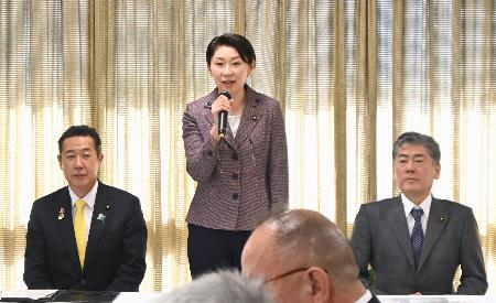 自民党沖縄振興調査会の会合で発言する小渕優子会長（中央）＝１８日午前、東京・永田町の党本部