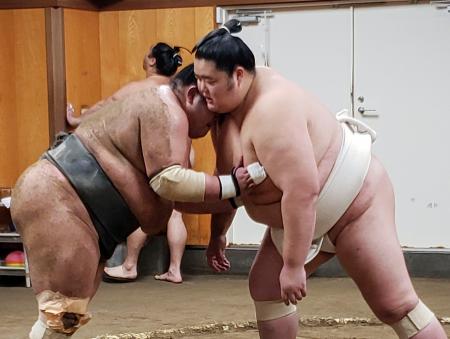 稽古する琴桜（右）＝千葉県松戸市の佐渡ケ嶽部屋