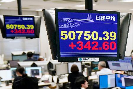 日経平均株価の終値を示すモニター＝２６日午後、東京都港区の外為どっとコム