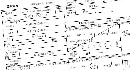 障害年金について医師の判定結果を記す「認定調書」の記載例（厚労省の資料より）。日本年金機構が一部のケースでひそかに破棄していたことが分かった