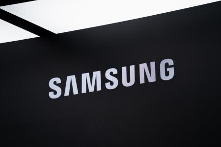 韓国サムスン電子のロゴ＝２０２５年１２月、ソウル（ゲッティ＝共同）