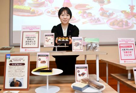 高島屋で販売する、代替素材を使ったカカオ不使用のチョコ＝８日、東京都中央区