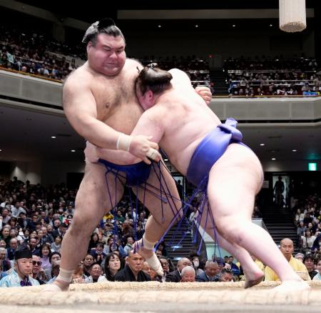 　安青錦（右）が寄り切りで高安を下す＝両国国技館