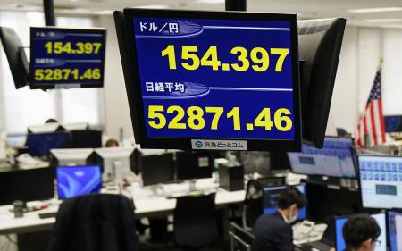 一時１ドル＝１５４円台を付けた円相場を示すモニター＝２６日午前、東京都港区の外為どっとコム