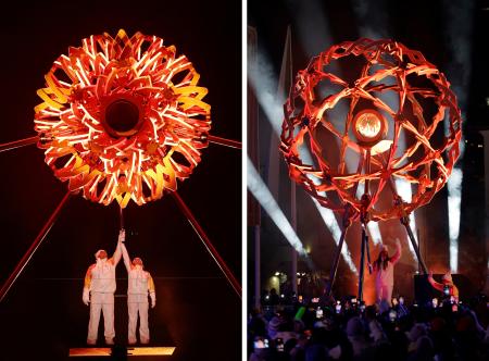 ６日、ミラノ・コルティナ冬季五輪の開会式でともされたミラノの聖火（左、ロイター＝共同）とコルティナダンペッツォの聖火（共同）
