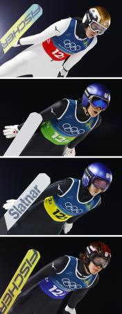 混合団体で１回目の飛躍をする（上から）丸山希、小林陵侑、高梨沙羅、二階堂蓮＝プレダッツォ（共同）