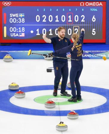 混合ダブルスで金メダルを獲得し、喜ぶスウェーデンのイサベラ・ブラノー（右）とラスムス・ブラノー＝コルティナダンペッツォ（共同）