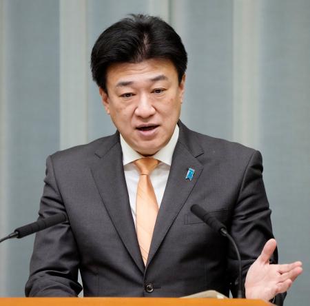 記者会見する木原官房長官=16日午前、首相官邸