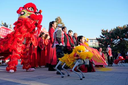 春節の縁日「廟会」が開かれた北京の竜潭公園に登場した獅子舞ロボット（手前右）＝１７日（共同）