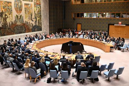 国連本部で開かれたパレスチナ情勢を巡る安全保障理事会の会合＝１８日、ニューヨーク（共同）