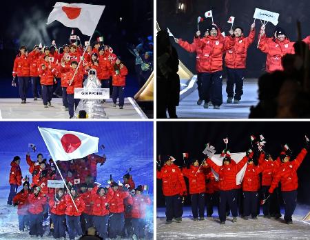 　６日、ミラノ・コルティナ冬季五輪の開会式で、４会場で入場行進する日本選手団。左上から時計回りに、ミラノ、コルティナダンペッツォ、プレダッツォ、リビーニョ（共同）