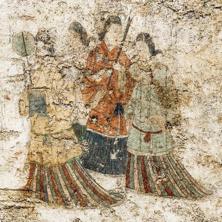 高松塚古墳壁画の西壁女子群像＝２０１９年１２月（文化庁提供）