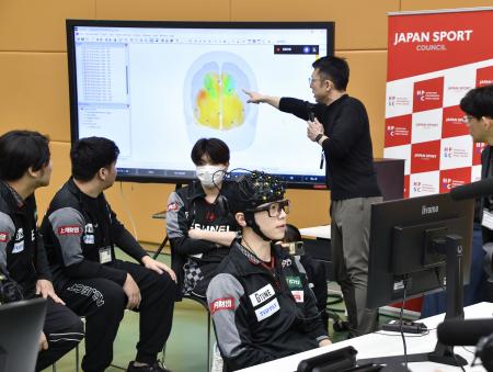 脳波を確認しながらプレーするｅスポーツの日本代表候補＝３日、東京都北区のＪＩＳＳ