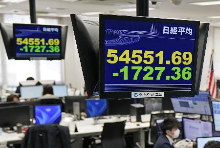 下げ幅が一時１７００円を超えた日経平均株価を示すモニター＝４日午前、東京都港区の外為どっとコム