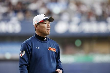 　練習を見る井端監督＝３日、京セラドーム